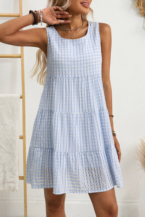 Gingham Plaid Print Sleeveless Tiered A Line Casual Mini Sundress